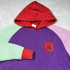 Vintage Teddy Fresh Hoodie Men's Small Color Block Sweatshirt Purple Green Red